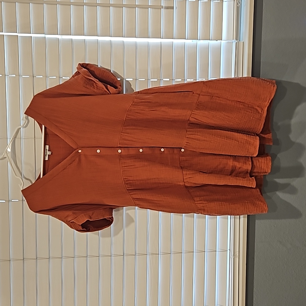 Madewell Nannie Cuff Sleeve Button-Down Tiered Mini Dress, Medium